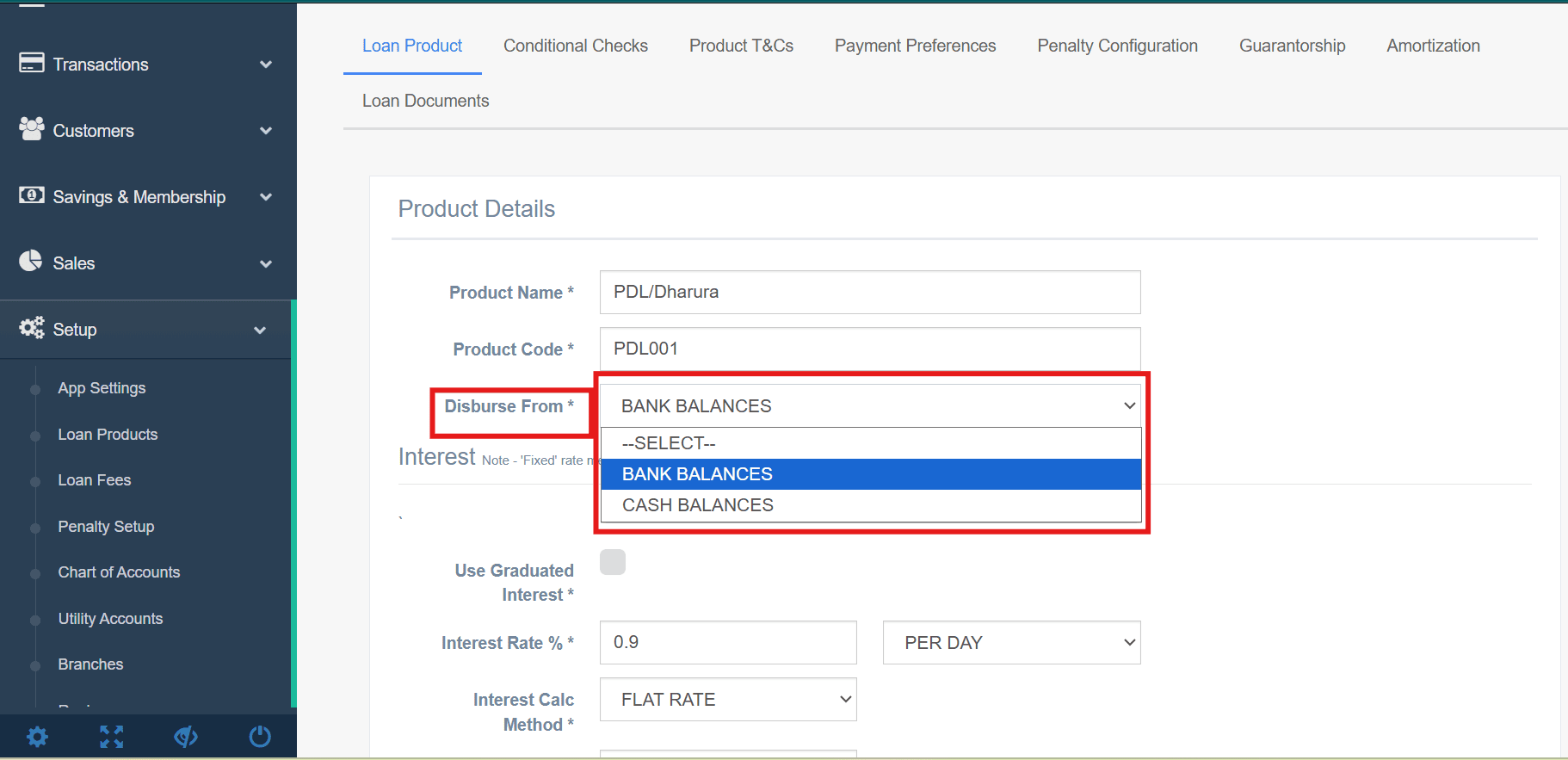 Figure 5.2 Selecting the source of funds (Bank or Cash) for a specific loan product.